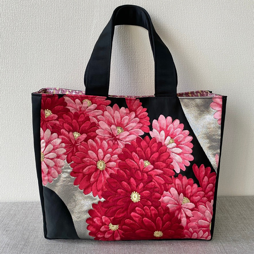 Red cotton tote bag with vintage silk kimono applique