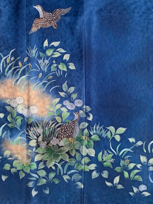 Kimono fabric for custom order #10 , in blue with bird motif