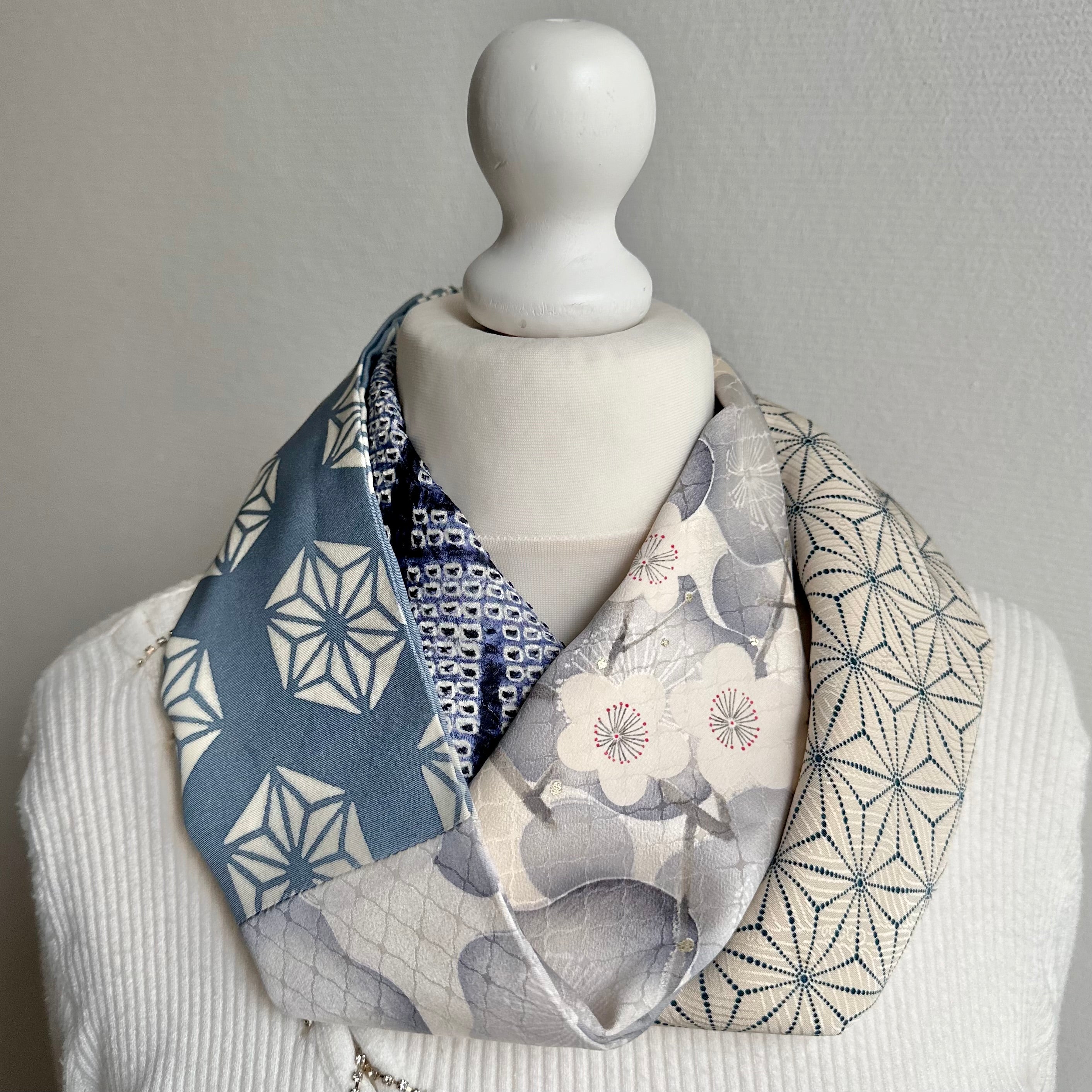 Japanese Peacock reversible store infinity scarf, Japanese village silk, upcycle Japanese vintage kimono