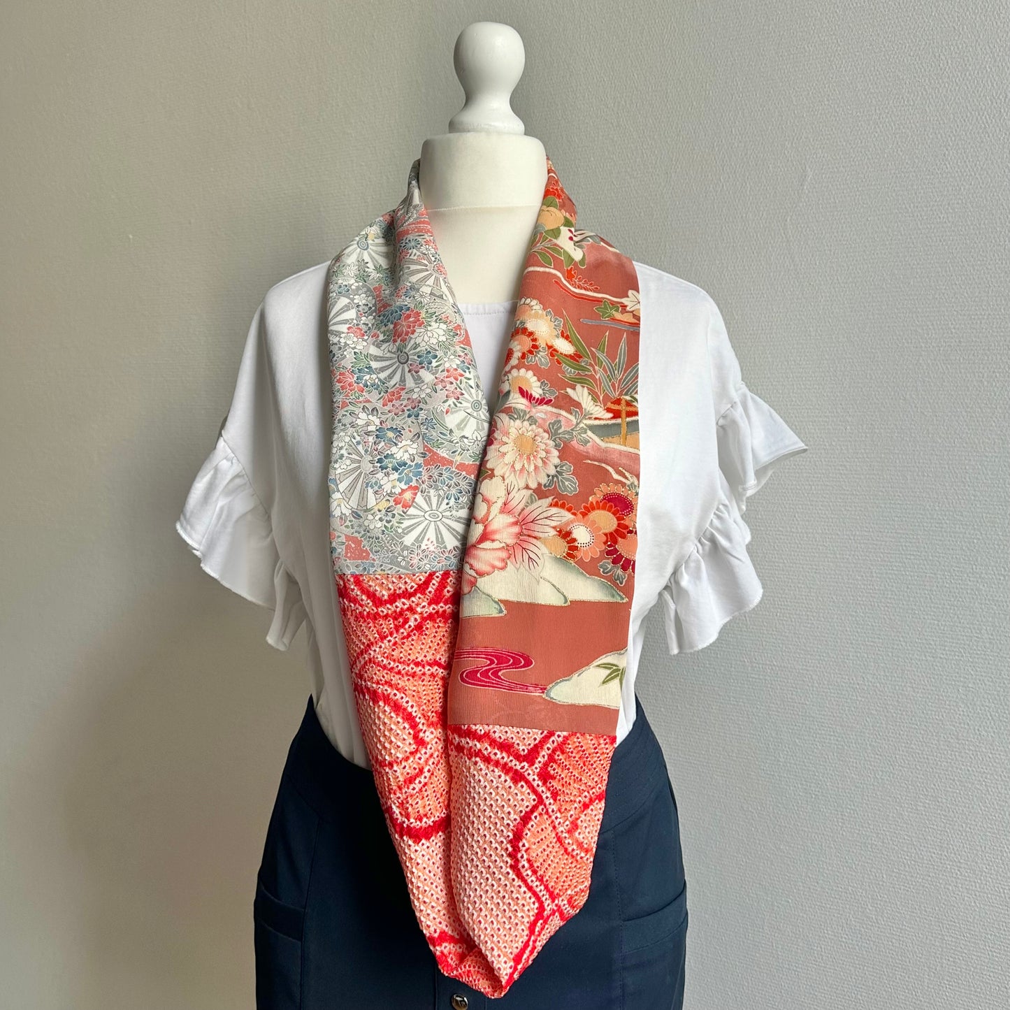 Infinity silk Kimono scarf, Handcrafted, Upcycled, free shipping, tax included #2124