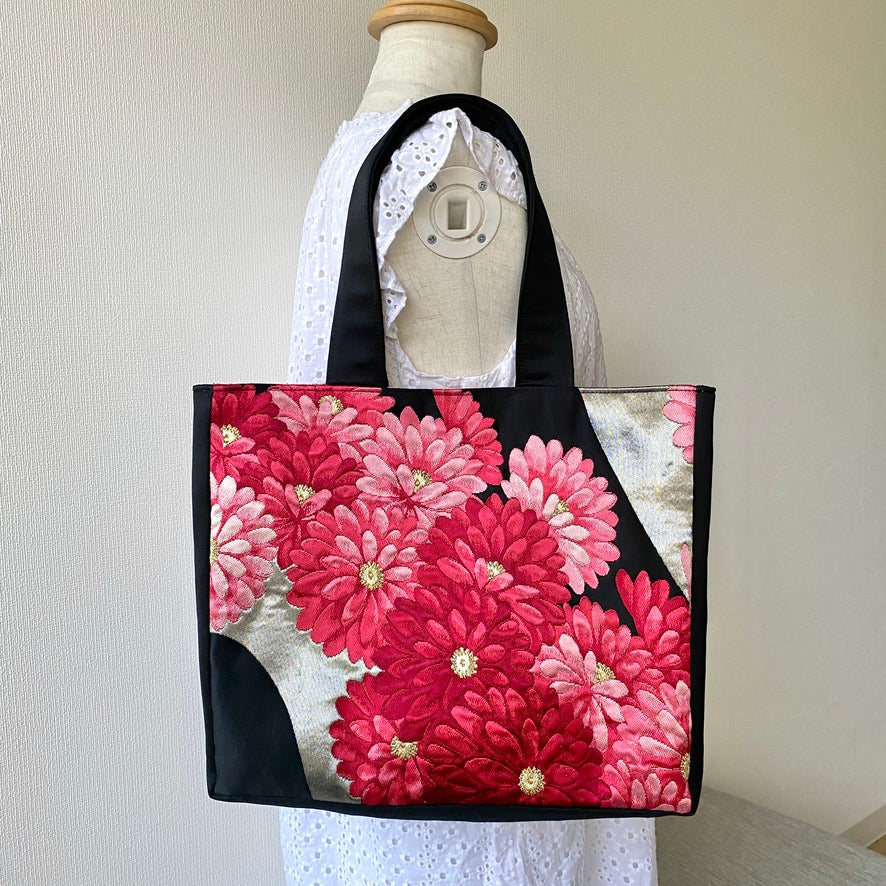 Red cotton tote bag with vintage silk kimono applique