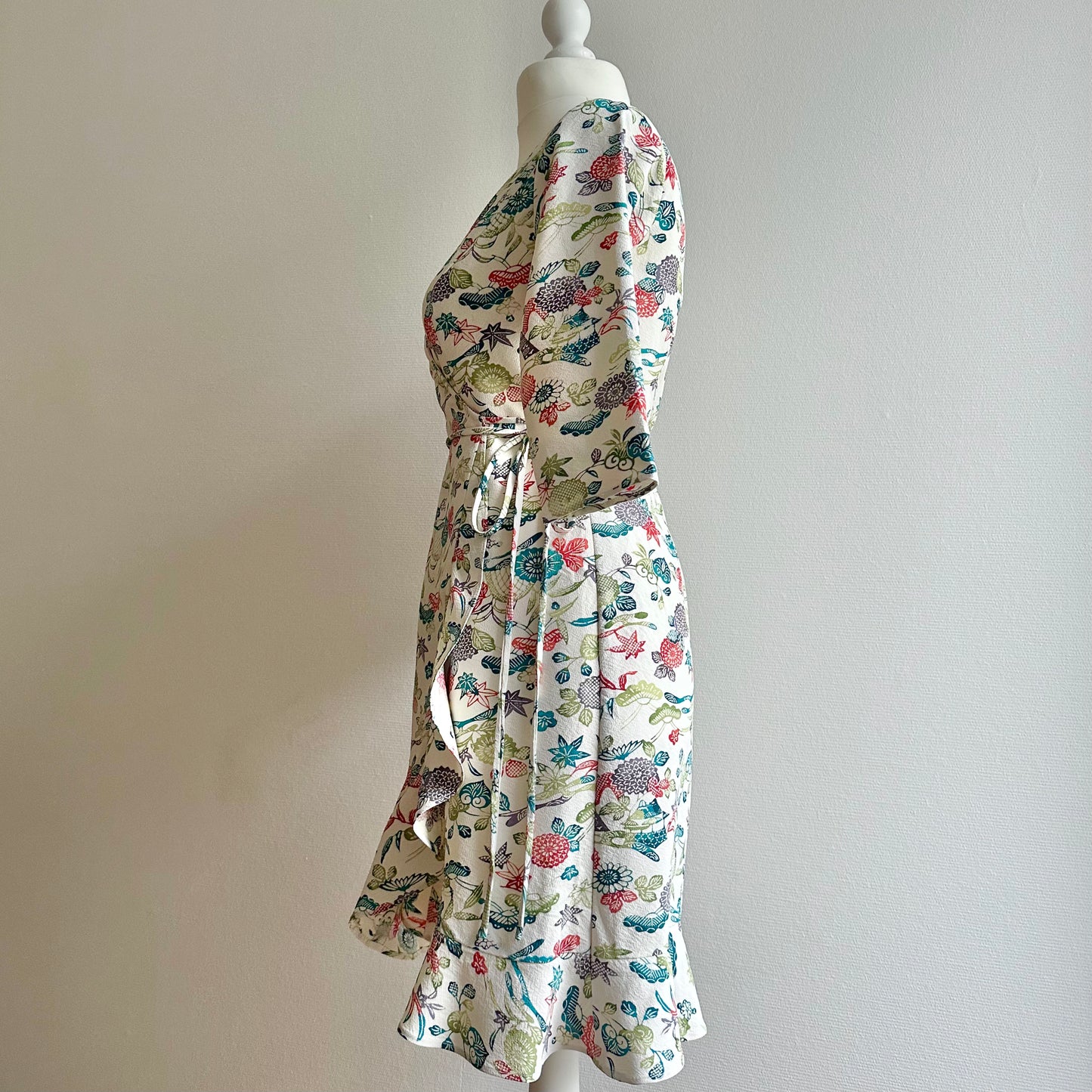 Silk Kimono wrap dress, Komon 小紋, three quater sleeves, Handcrafted, Upcycled, #pre5