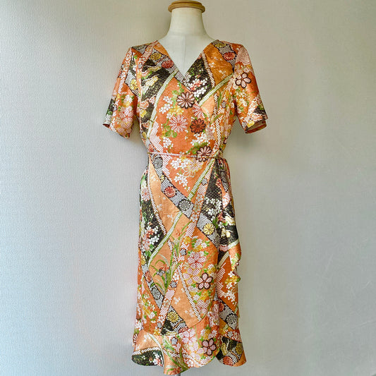 Kimono robe portefeuille en soie, Komon小紋, fabriquée à la main, upcyclée