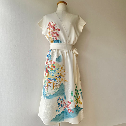 Silk Kimono dress, Houmongi, Handpainted, Upcycled, Handcrafted