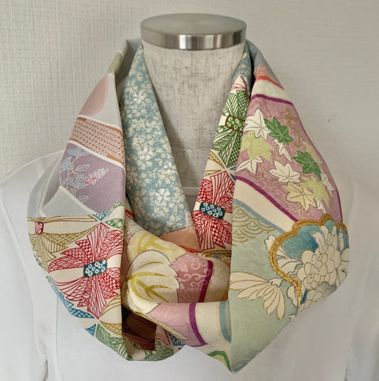 Infinity silk Kimono scarf, Furisode, Houmongi, Komon, Handcrafted, Upcycled, #2028