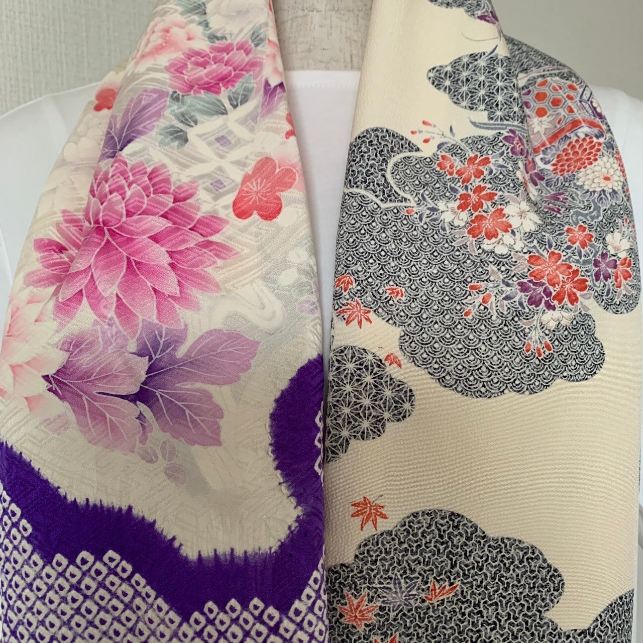 Infinity silk Kimono scarf, Furisode, Houmongi, Komon, Handcrafted, Upcycled, #2031