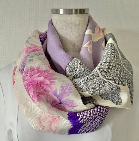 Infinity silk Kimono scarf, Furisode, Houmongi, Komon, Handcrafted, Upcycled, #2031