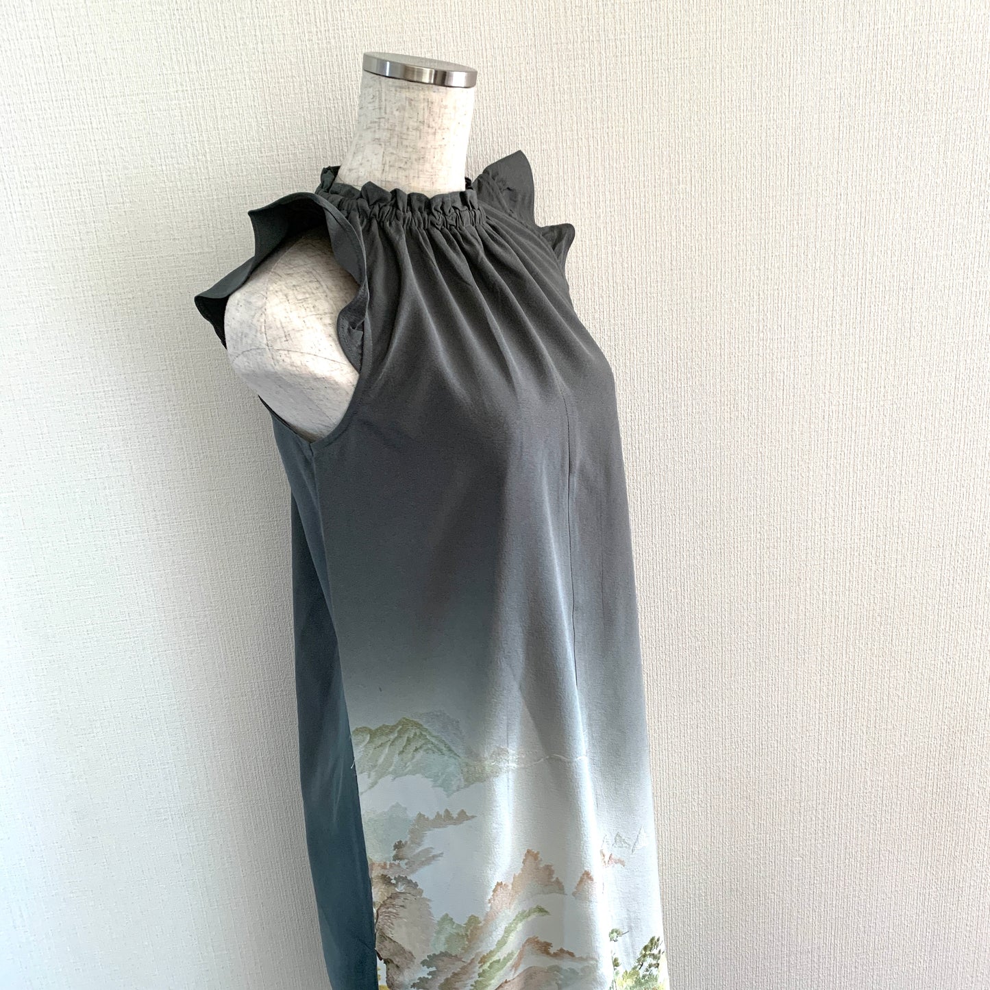 Silk Kimono dress, Houmongi 訪問着, Handcrafted, Upcycled, Mountain 山, #pre15