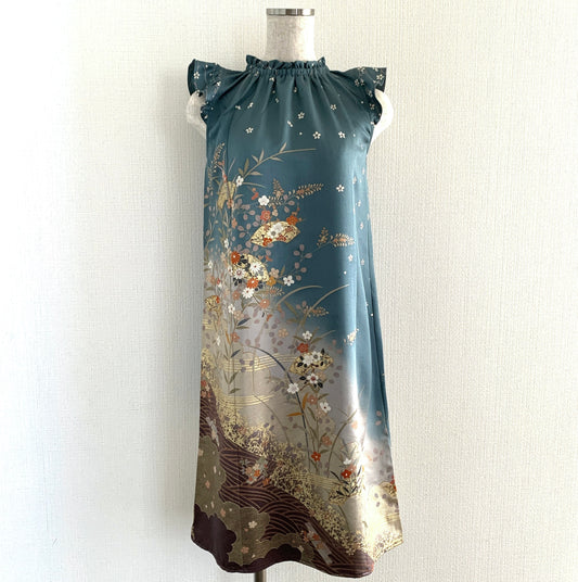 Silk Kimono dress, Houmongi 訪問着, Handcrafted, Upcycled, #pre13