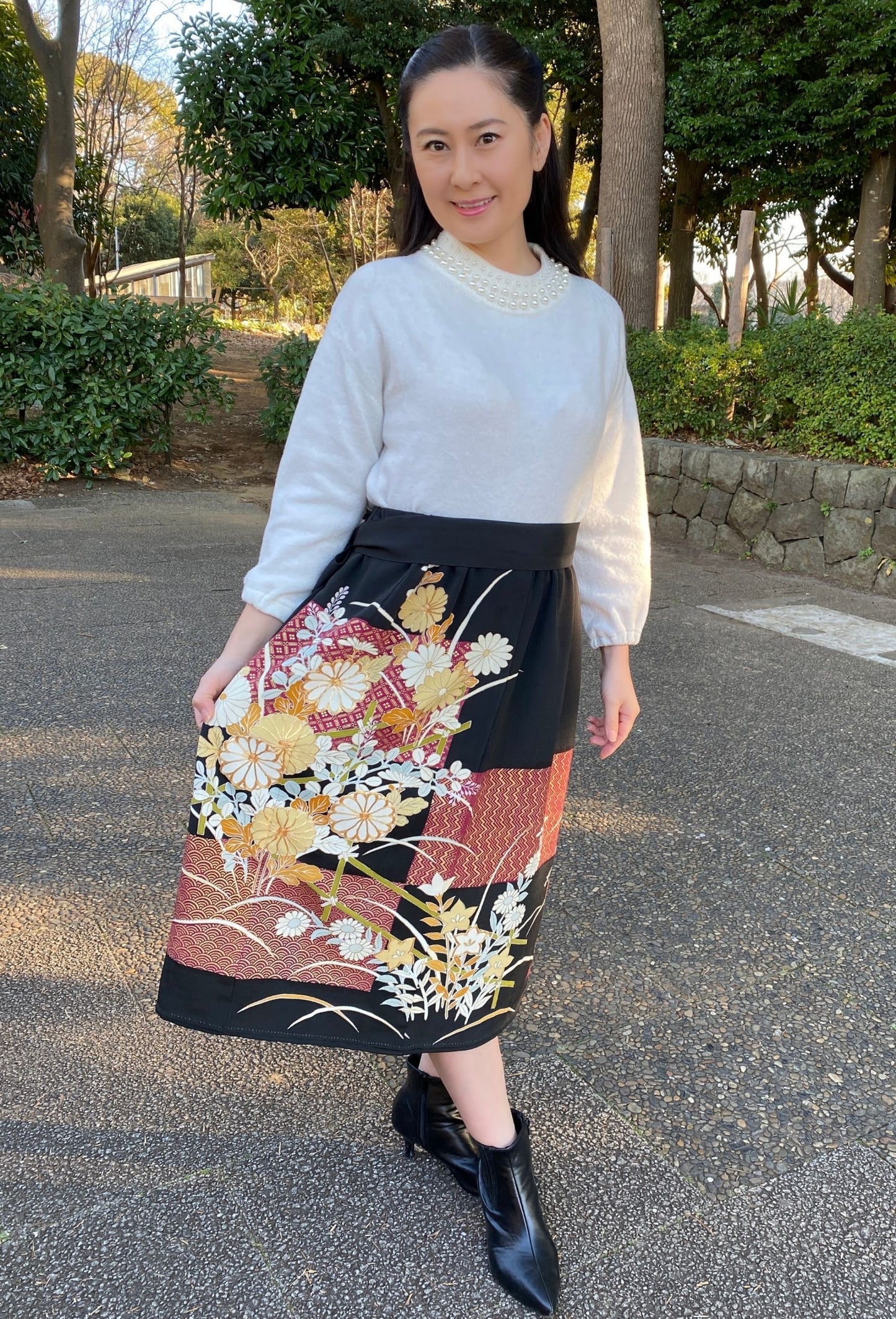 Kimono jupe en soie, fabriquée à la main, upcyclée, chrysanthème