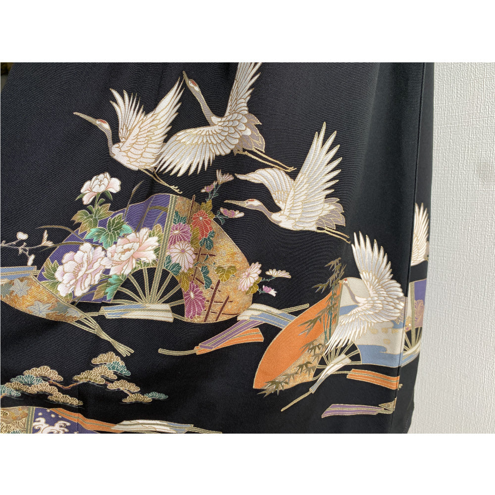 Kimono jupe en soie, fabriquée à la main, recyclée, grue, éventail, pivoine